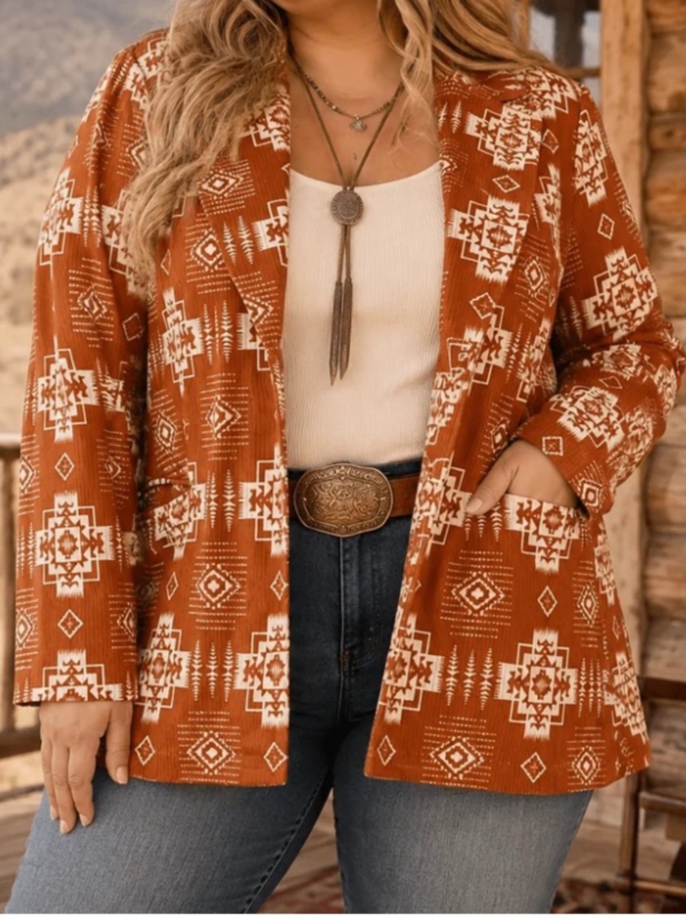 Savanna Jane Rust Aztec Stretch Corduroy Blazer Jacket Plus Size
